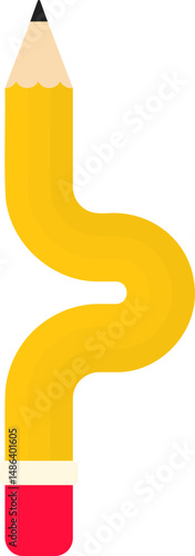Straight graphic line with a well-defined curve, in the shape of a wooden graphite pencil with an eraser tip, to point and indicate information