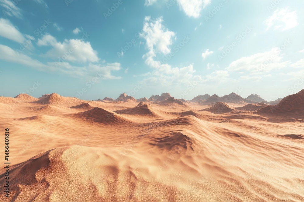 Naklejka premium Vast and serene desert landscape with rolling sand dunes under a bright blue sky, desert wasteland with sand dunes, Seamless ing Photo background