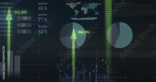 Central green arrow pulsing over dark grid interface, pie charts updating and bar chart fluctuating
