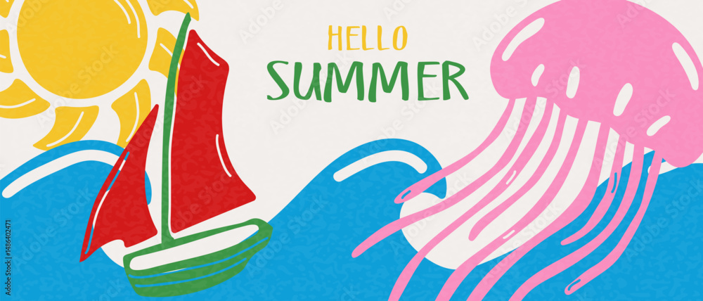 Summer bright banner with sun, sea, jellyfish and ship. Fashionable design for poster, branding, sales, promotion. Summer bright banner with sun, sea, jellyfish and ship. Fashionable design for poster, branding, sales, promotion.