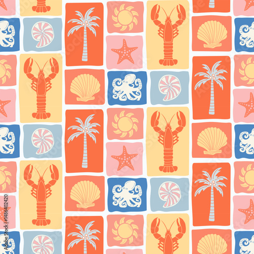 Marine seamless summer fashion pattern in patchwork style. Marine retro background.