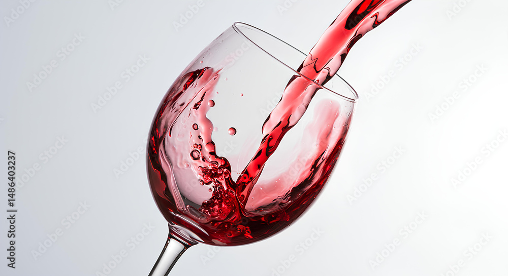 Fototapeta premium Vinho tinto sendo servido em taça de vidro, com respingos visíveis em fundo claro.
