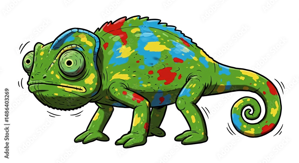Fototapeta premium Cartoon Chameleon with Large Eyes and Curly Tail Standing on Isolated White Background