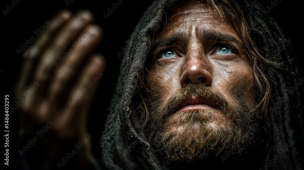 Obraz premium Man with disheveled hair and beard looks upward in a darkened environment while appearing to seek help or guidance