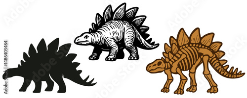 Stegosaurus dinosaur silhouette, sketch, fossil, skeleton vector illustration. Dinosaurs set.