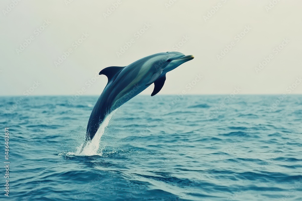 Fototapeta premium Dolphin leaps gracefully in the tranquil waters of Sri Lanka during slow motion, Dolphin flip and jump in Sri Lanka sea Slow Motion nature background