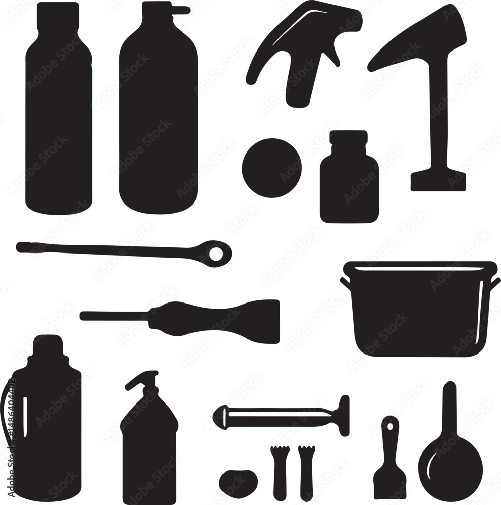 Fototapeta premium Black Silhouette Vector Set: Cleaning Supplies, Tools, and Containers