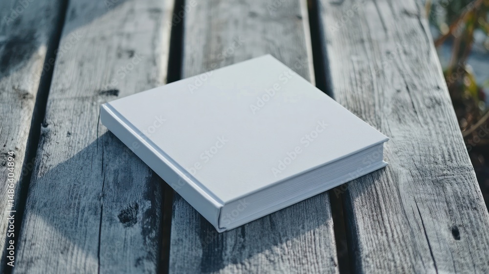 Fototapeta premium Blank white book on weathered wood surface simple mockup