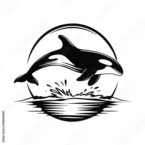 Orca Silhouette Leaping Out Of The Water, Black and White, Sea Mammal, Circular
