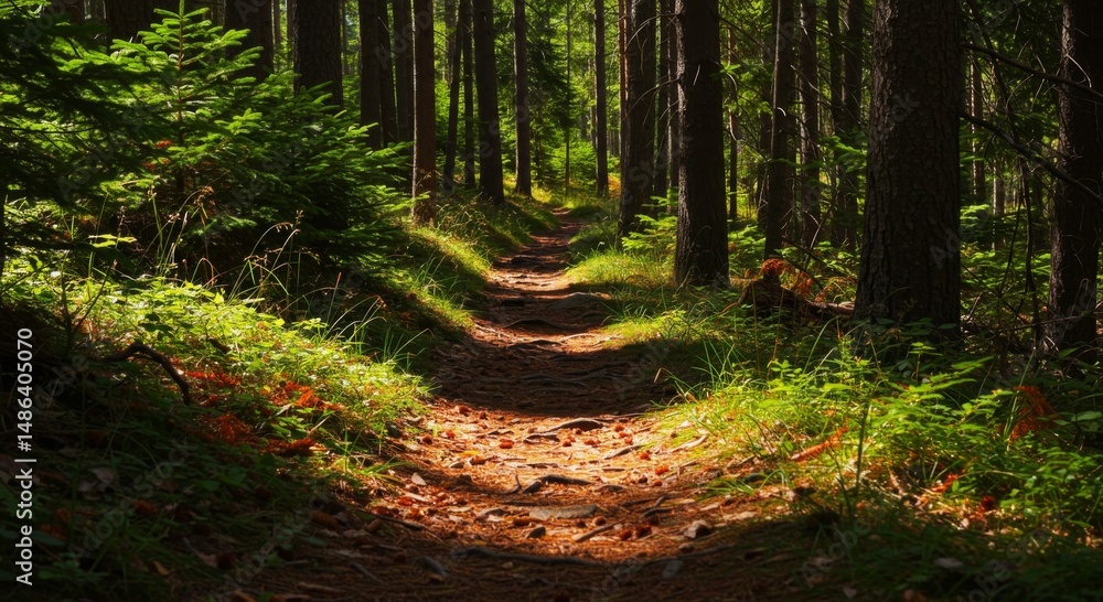 Fototapeta premium Sunlit Path Through a Deep Forest