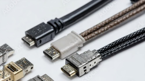 Macro shot showcasing assortment of various high-definition multimedia interface connectors and cables on white surface