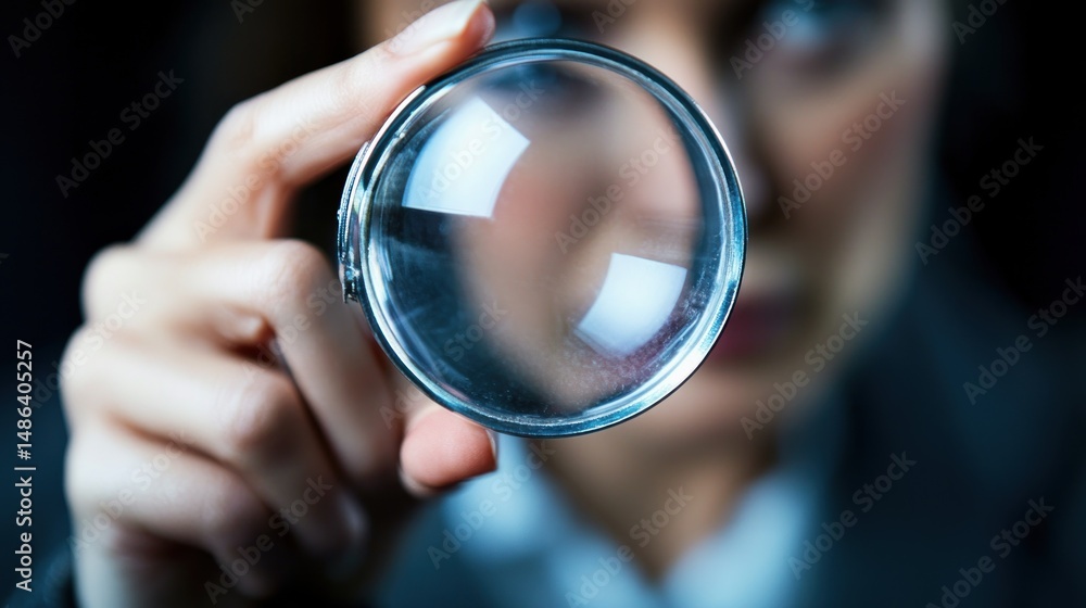 Fototapeta premium Closeup hand holding magnifying glass inspecting details research concept