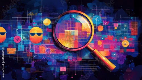 Colorful Digital Background with Magnifying Glass and Icons