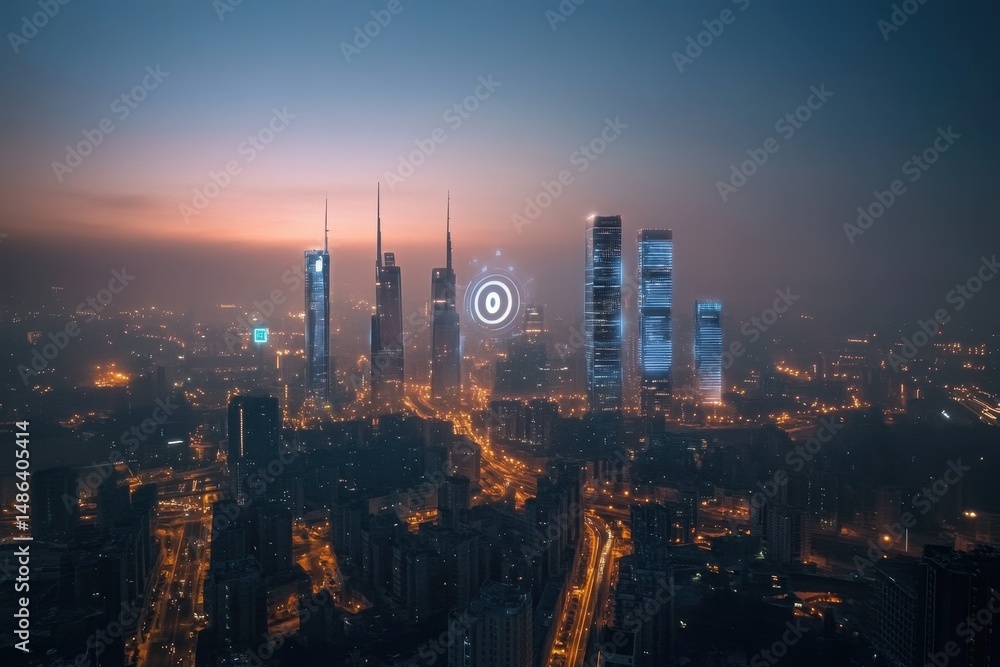 Fototapeta premium High speed wireless network connecting urban skyline at dusk, 5G wireless network, high speed internet Global connectivity, smart city