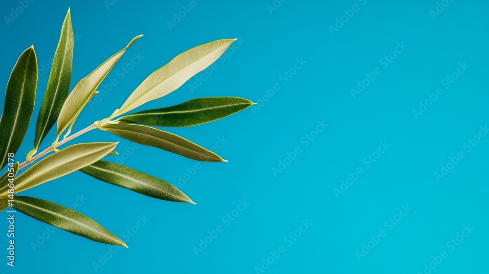 Fototapeta premium Olive branch with green leaves is diagonally placed on a vibrant turquoise blue background, creating a simple aesthetic.