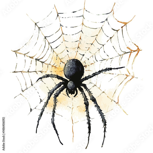 watercolor vector of Halloween Spider Web With Spider, high quality, isolated on a white background.