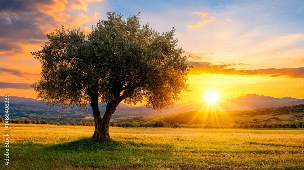 Fototapeta premium Olive tree stands in a sunlit field as the sun sets behind distant mountains. - high quality Olive tree stands in a sunlit field as the sun sets behin