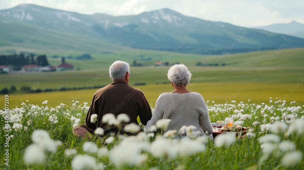 Naklejka premium Peaceful reflection senior couple scenic meadow nature outdoor harmony
