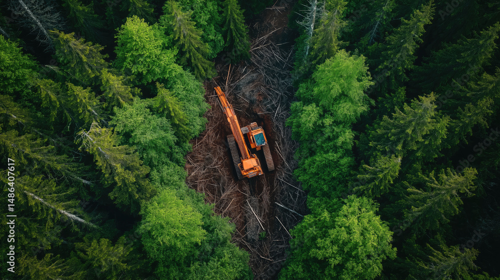 Naklejka premium Aerial view of excavator amid lush green forest, deforestation in progress