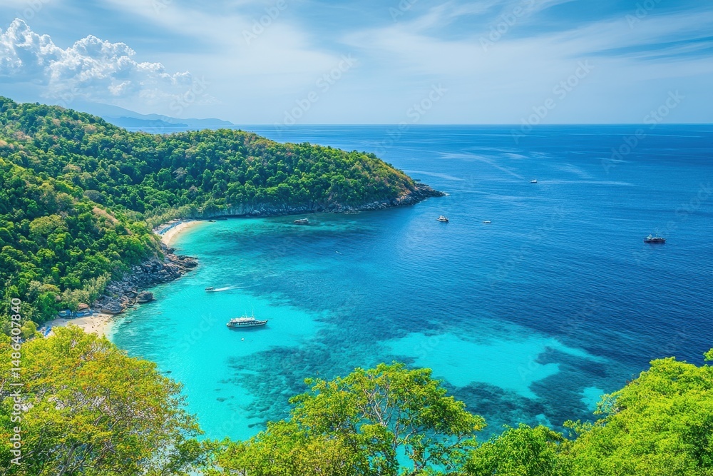 Fototapeta premium Explore the stunning beaches and turquoise waters of Phuket Island Thailand during your next holiday, Asia holiday destination - Phuket island Thailand Sea coast aerial view