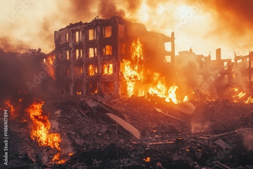 War zone destruction as flames engulf a derelict building during a recent attack, destroyed building at war zone attack, fire burn, Photo in background