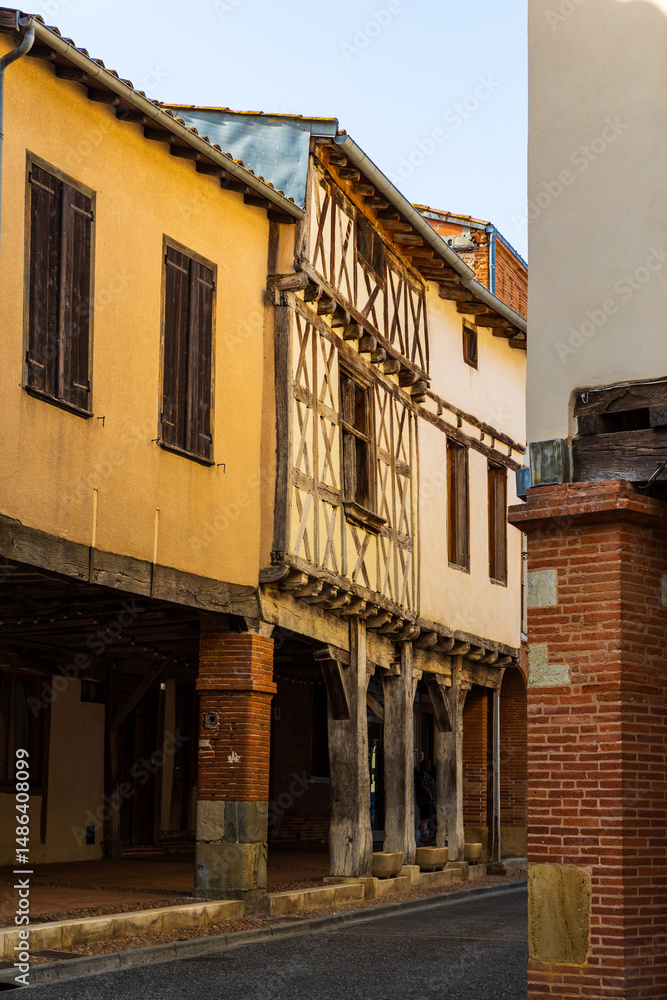 Naklejka premium Wooden-covered facades in the village of Lézat-sur-Lèze
