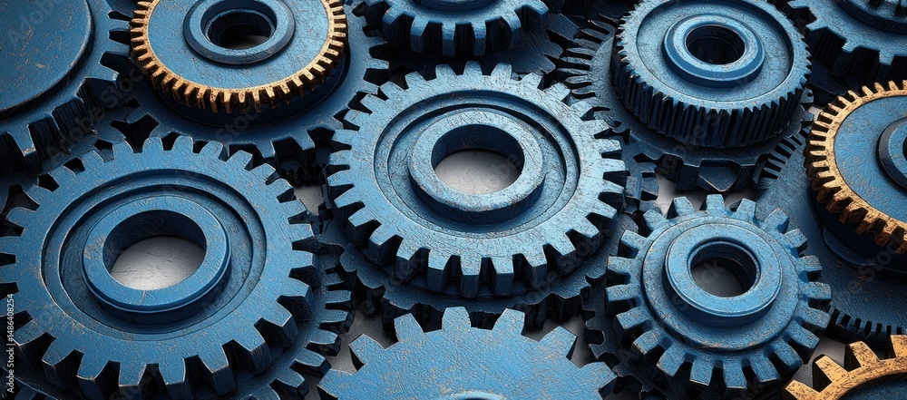 Close-up of interlocking blue gears, representing teamwork, mechanics, and industry. Close-up of interlocking blue gears, representing teamwork, mechanics, and industry.