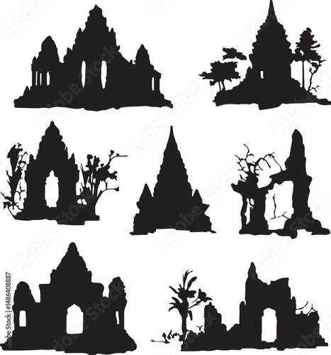 Silhouette Temple Ruins: Ancient Architecture Vector Set
