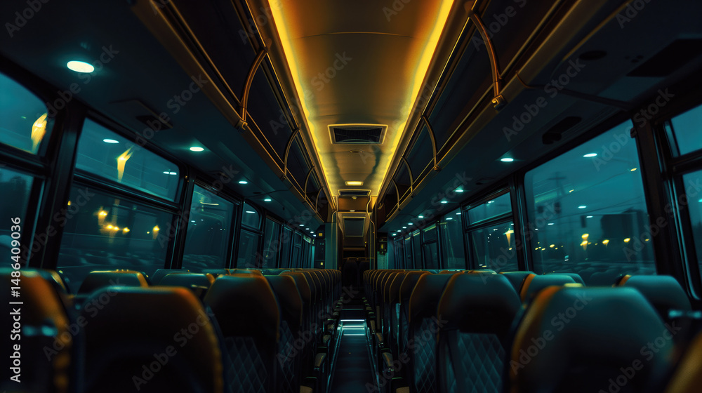 Fototapeta premium A dimly lit bus interior at night, empty seats, moody ambiance, neon lights