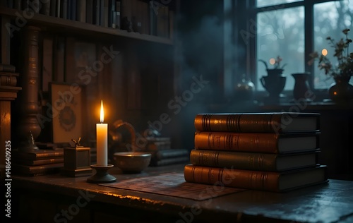 Wallpaper Mural Stack of Vintage Books with Candlelight at Night Torontodigital.ca