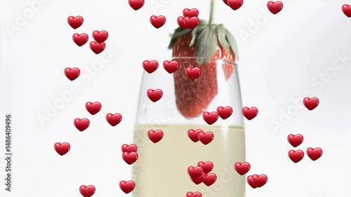 Champagne glass featuring sparkling drink and strawberry, red heart icons floating around backdrop
