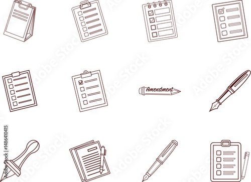 Linear icons show legal documents, amendment pencil, and fountain pens on transparent background