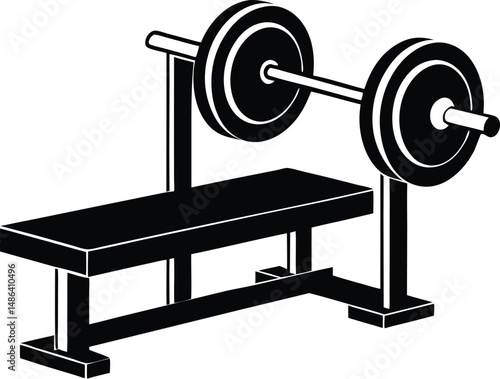  Gym bench with weight bar silhouette, A gym bench with a weight bar line art illustration