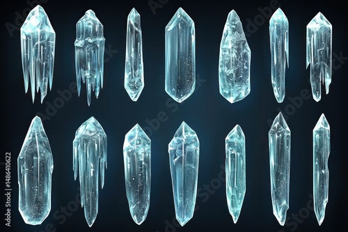 Collection of various ice crystals and icicles with different shapes and sizes, isolated on black background.