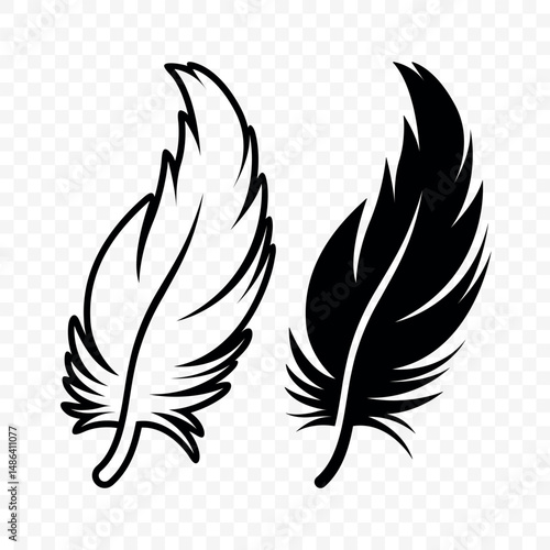 Vector Black and White Fluffy Feather Logo Icons. Silhouette Feather Set Closeup Isolated. Design Template of Flamingo, Angel, Bird Feather. Lightness and Freedom Concept