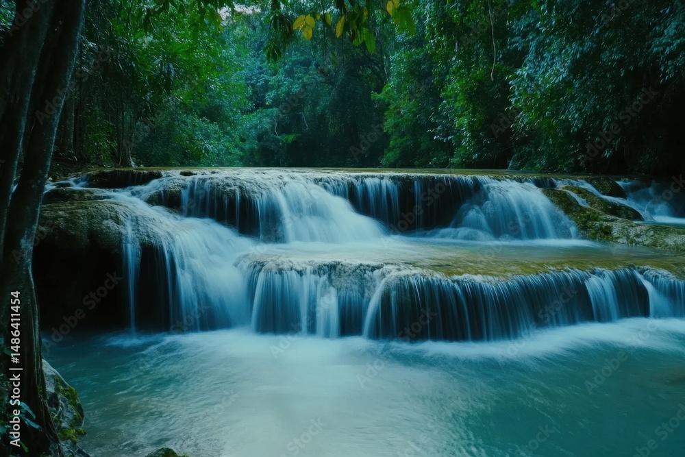 Obraz premium Lapse view of Huai Mae Khamin Waterfall capturing serene cascading waters in Kanchanaburi, Thailand, 4K,Time lapse view of Huai Mae Khamin Waterfall in Kanchanaburi Thailand