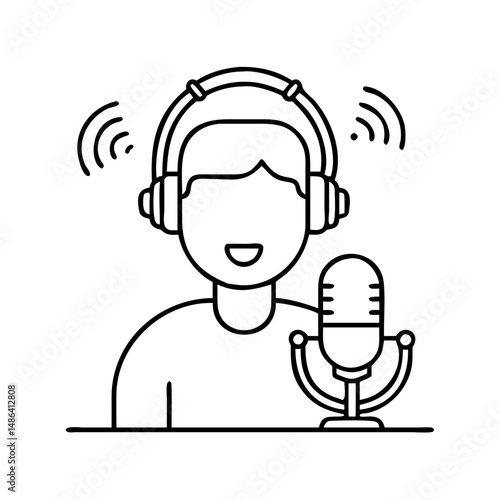 Podcast recording studio illustration: man with headphones and microphone for audio broadcast content creation