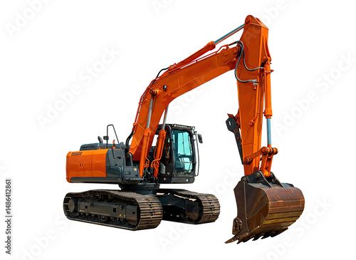 Powerful Orange Hitachi Excavator machine isolated on white background