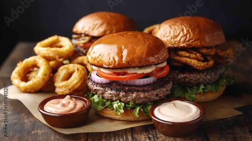 A rustic burger restaurant setup featuring ultimate gourmet burgers crispy onion rings and creamy dipping sauces overlay cut out on isolated transparent removed background