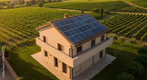 Aerial view of a modern house with solar panels in a lush green vineyard setting.