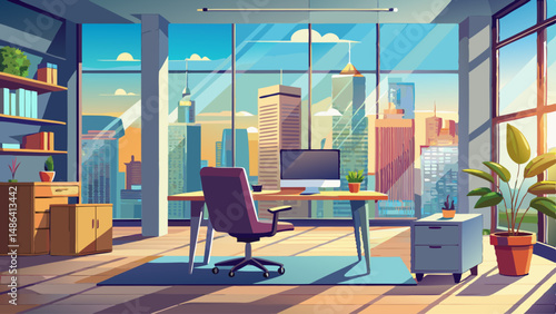 Modern minimalist office interior with large desk, chair, and computer beside panoramic windows overlooking cityscape in daylight. 3D Rendering. 3D Rendering