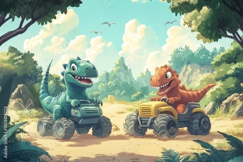 Fototapeta Naklejka Na Ścianę i Meble -  Engaging cartoon dinosaurs joyfully racing go karts in a vibrant jungle setting, Fun and engaging dinosaurs driving, cartoon style, nature background
