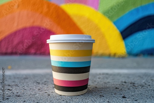 Colorful coffee cup with rainbow stripes against vibrant mural backdrop in urban setting, Coffee cup with rainbow stripes in front of colorful mural
