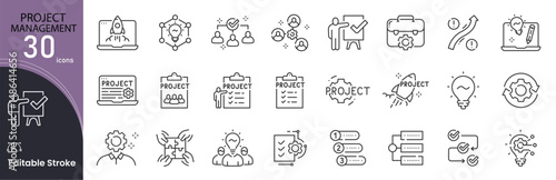 Project Management related icon collections. Containing Project, Management, Planning, Teamwork, Deadline, Task, Strategy, Goal, Progress, and Collaboration icons. Editable Stroke . Outline icons.