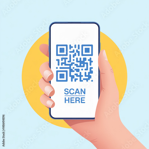 Hand holding smartphone displaying qr code scan here