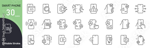 Smartphone related icon collections. Containing Smartphone, Mobile, Call, Message, Touchscreen, App, Notification, Battery, Settings, and Connectivity icons. Editable Stroke . Outline icons.