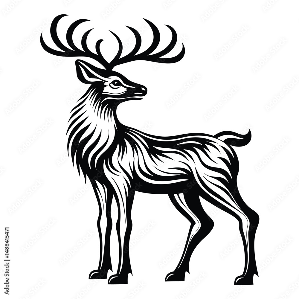 Fototapeta premium Striking Deer Silhouette With Intricate Antlers, Minimalist Design, Animal