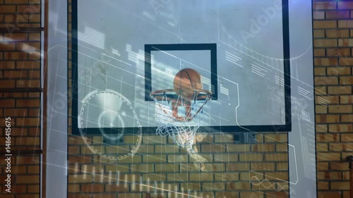 3D render showing basketball backboard with hoop, net holding ball on rim and HUD data overlays