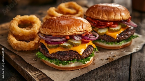A rustic counter setup featuring juicy smash burgers fresh toppings and a side of crispy onion rings overlay cut out on isolated transparent removed background
