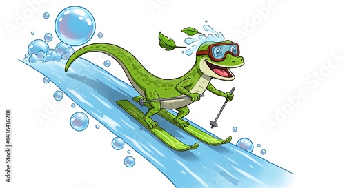 Green Lizard Cartoon Character Having Fun Skiing in Water with Bubbles and Goggles